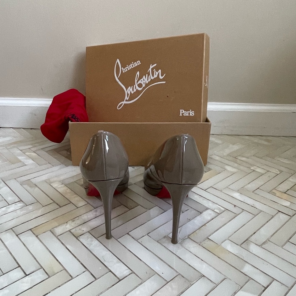 Christian Louboutin Taupe Patent Pointed-Toe Stilettos with Red Soles